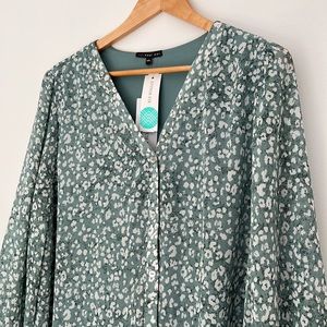 WEST KEI Long Sleeve Button Front V Neck Blouse NWT XXL Minty Green/Blue